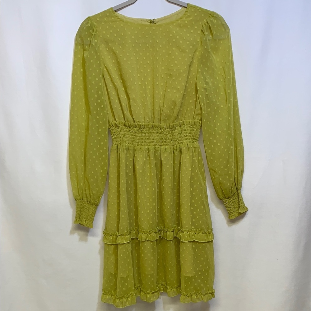 Green/Yellow Ruched Tiered Long Sleeve Dress